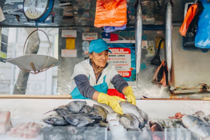 Mujer atendiendo pescadería en feria libre
